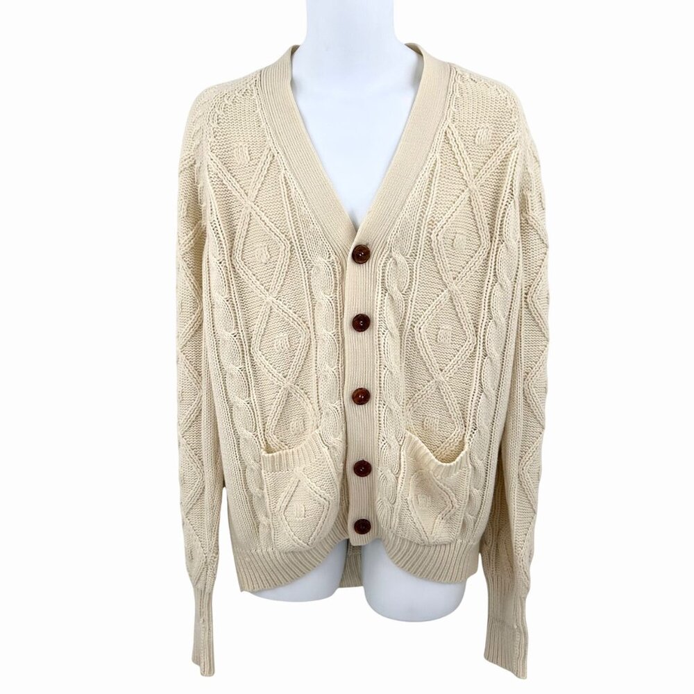 VINTAGE MEN'S GIMBELS IVORY CABLE KNIT GRANDPA CARDIGAN SWEATER W/ POCKETS!